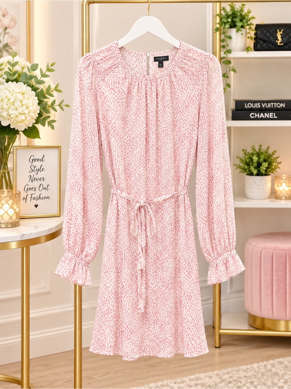 Nwot Vince Camuto Light Pink Printed Tie-Waist Long-Sleeve Midi Dress